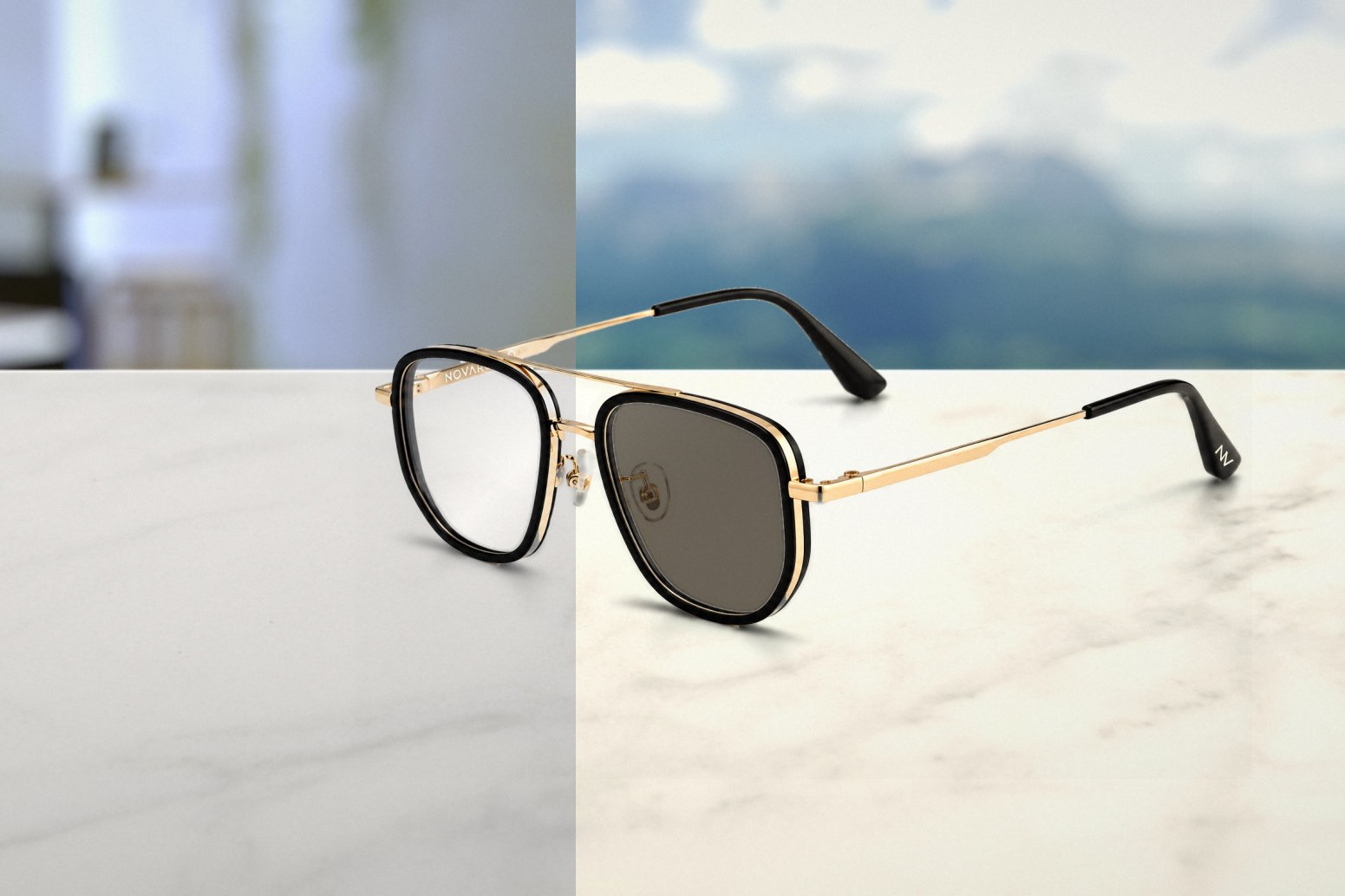 NOVARO Gold frames, clear lens indoors and tinted photochromic lens outdoors