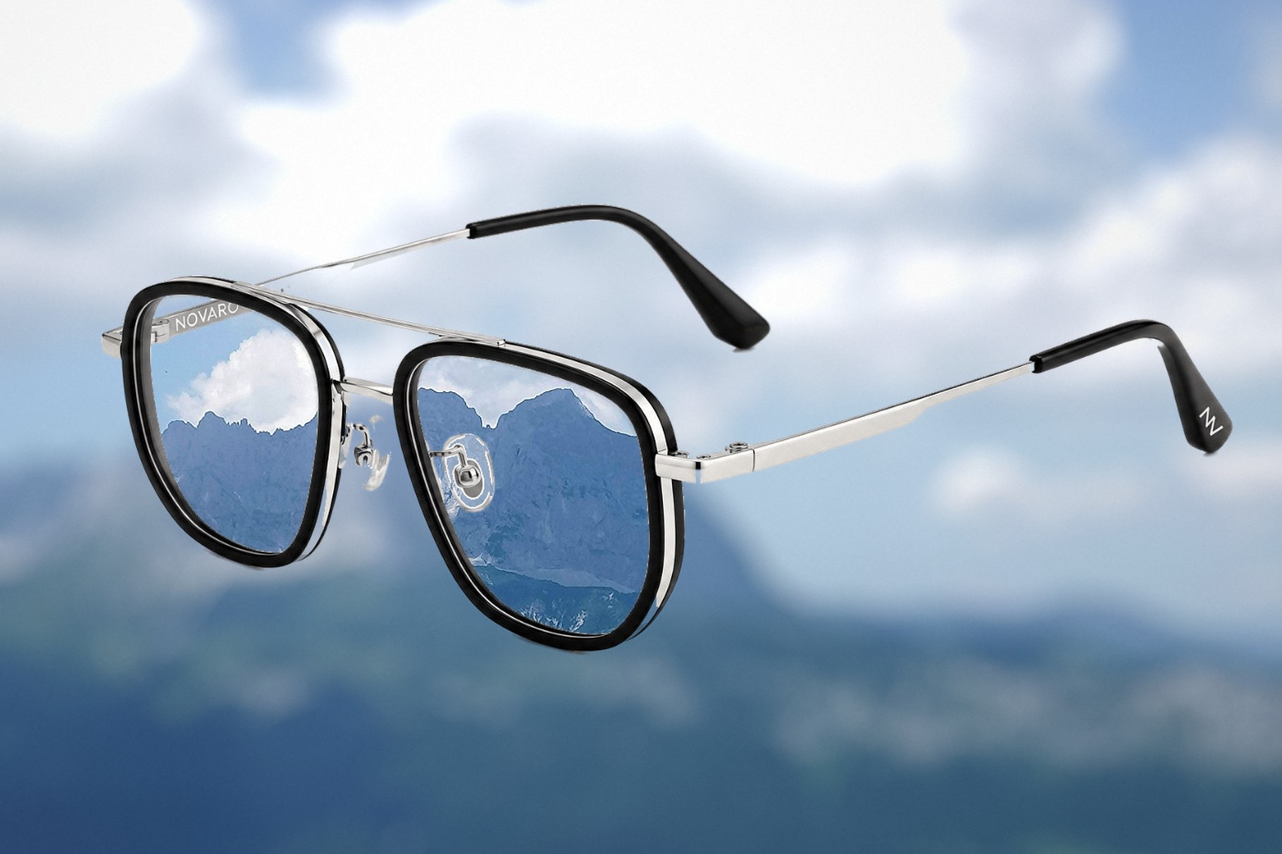 NOVARO Silver frames with prescription lenses showing a sharp mountain view